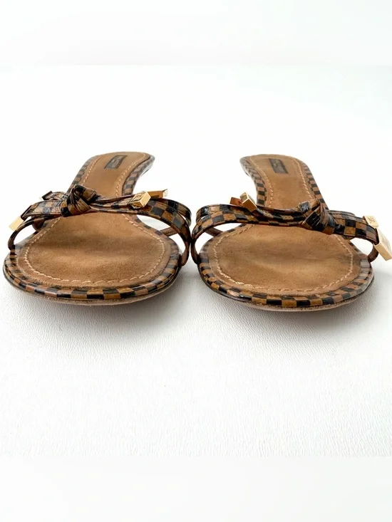 LOUIS VUITTON | Damier Check Kitten Heel Mule Sandals Gold LV Charm EU 38.5 Y2K - Picture 8 of 15